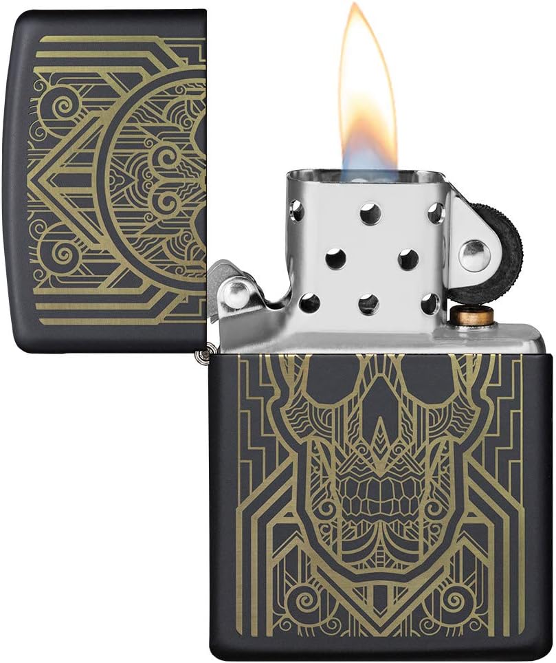 Zippo Art Deco Skull Black Matte Pocket Lighter, One Size