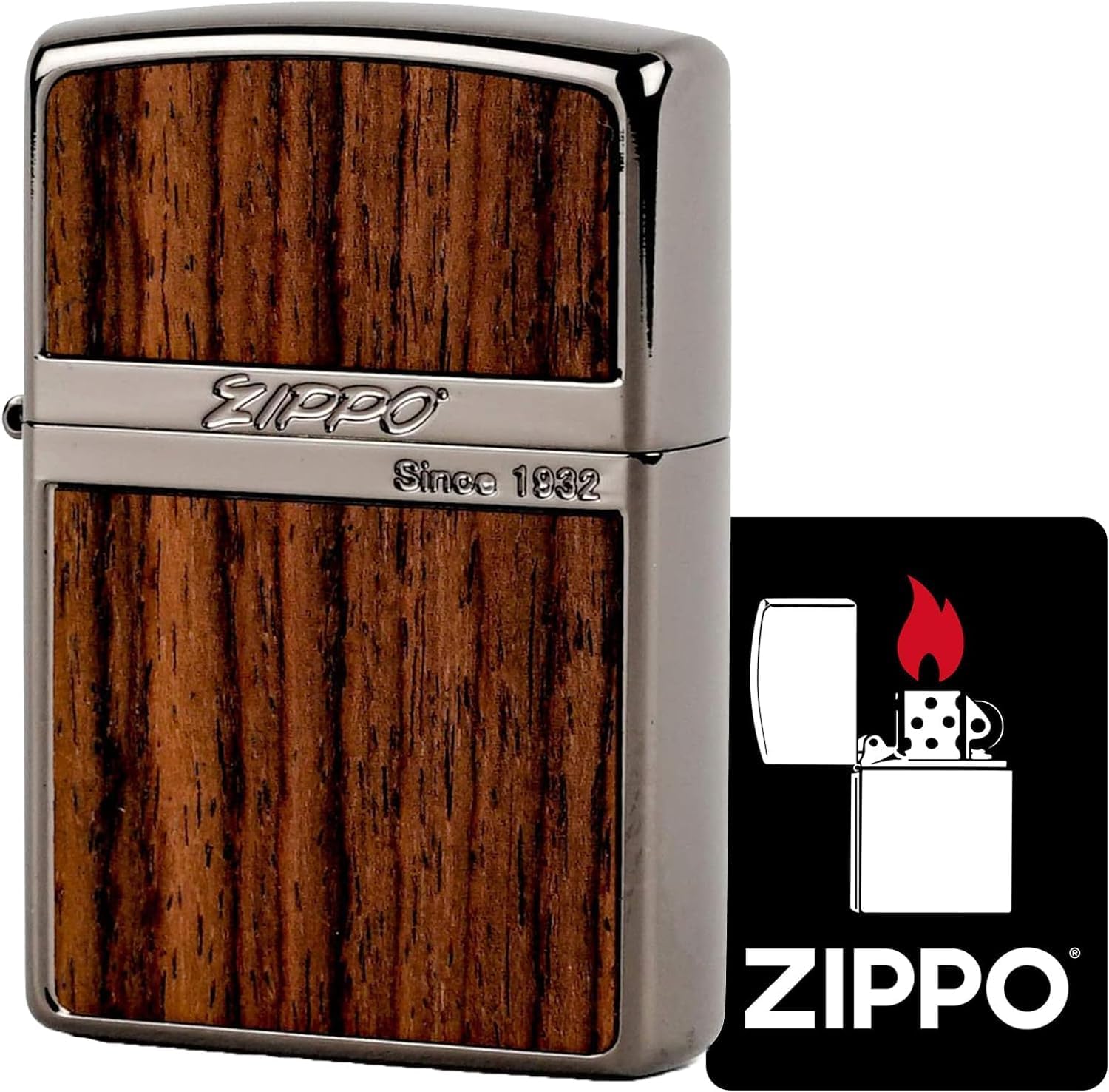 Zippo Windproof Brass Double Sided Wood Lighter Light Brown with Special Sticker Black Nickel